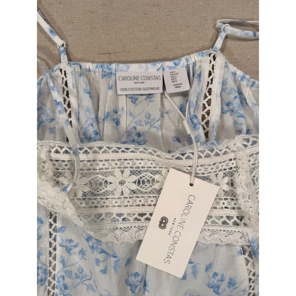 Caroline Constas Women Blue White Floral Cotton Pajama Set Cami Shorts Small NWT